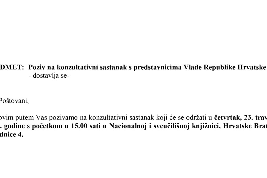 Poziv na konzultativni sastanak s predstavnicima Vlade Republike Hrvatske.